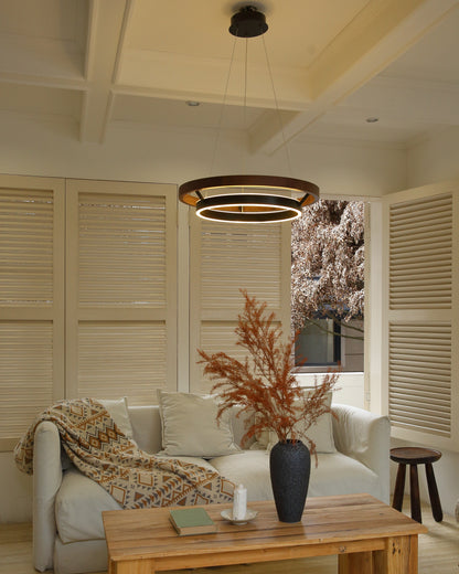 Circular Wood Ring Chandelier with LED Lighting 24-47 Inches Adjustable Height Farmhouse Dining Room Kitchen Island Ceiling Fixture