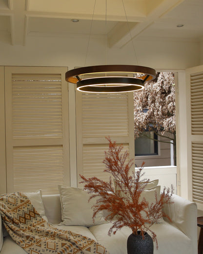 Circular Wood Ring Chandelier with LED Lighting 24-47 Inches Adjustable Height Farmhouse Dining Room Kitchen Island Ceiling Fixture