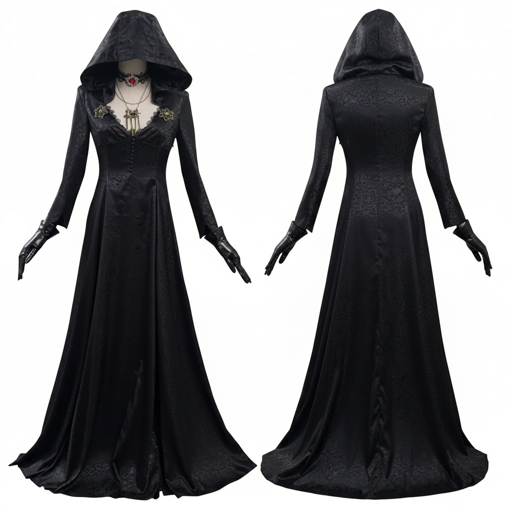 Gothic Vampire Costume Set for Women with Dress Gown Coat Choker & Tattoos for Halloween Cosplay Conventions Horror Fans