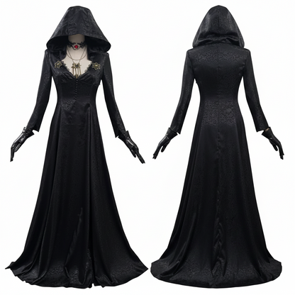 Gothic Vampire Costume Set for Women with Dress Gown Coat Choker & Tattoos for Halloween Cosplay Conventions Horror Fans