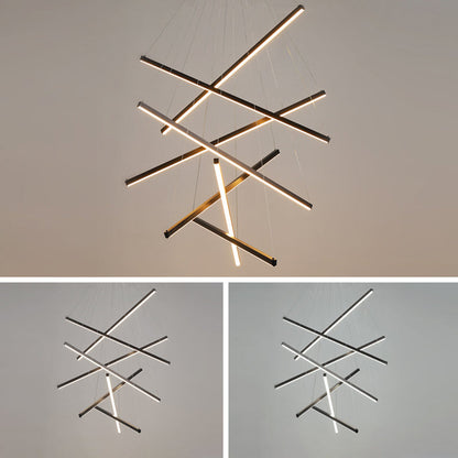Modern Linear LED Chandelier Black Metal Multi-Tier Pendant Light for Living Room Foyer Kitchen Island Dining Room