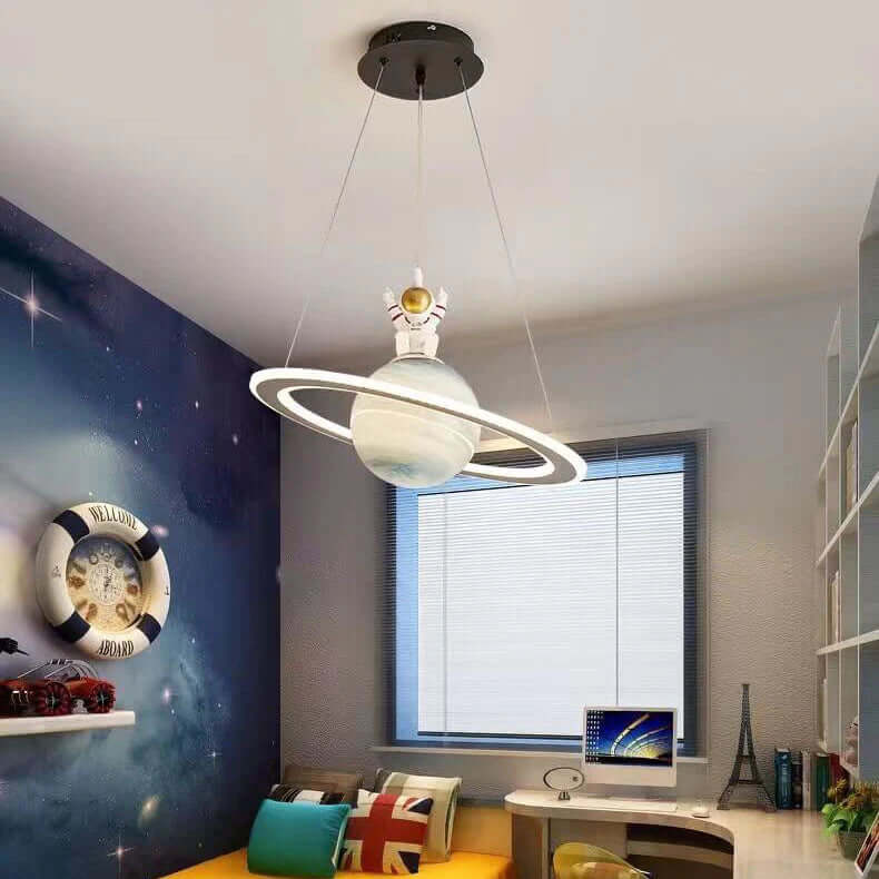 Hanging Space-Themed Fixture for Kids' Rooms Blue Acrylic Spherical Ceiling Lamp with LED Ring Light for Nursery Playroom Bedroom Decor Susp
