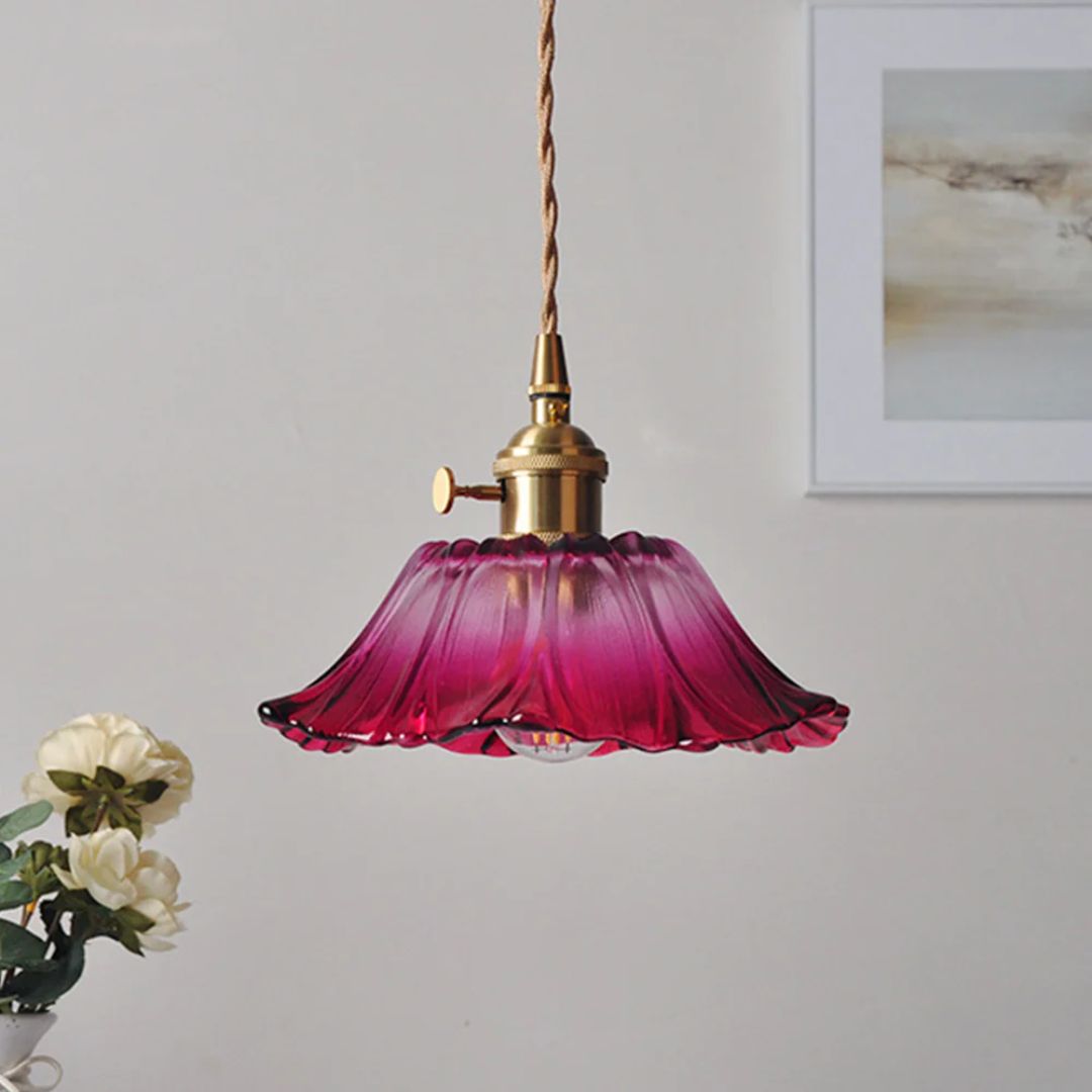 Fluted Glass Drop Ceiling Fixture 11 in Burgundy Shade Gold Hardware E27 Socket for Kitchen Island Entryway Ambient Overhead Illumination