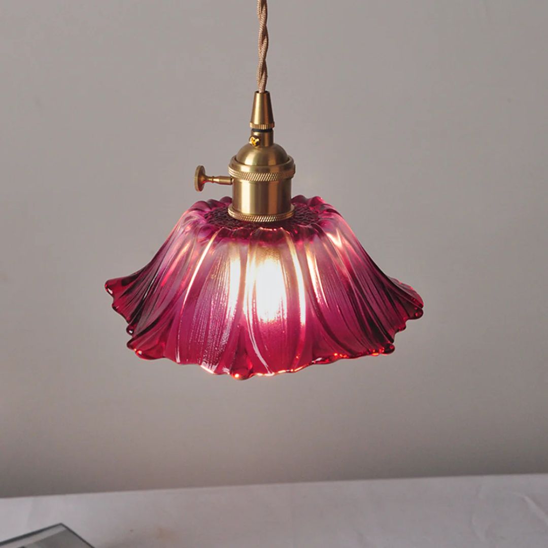 Fluted Glass Drop Ceiling Fixture 11 in Burgundy Shade Gold Hardware E27 Socket for Kitchen Island Entryway Ambient Overhead Illumination