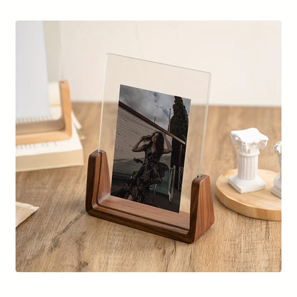 Clear Acrylic Photo Display Stand with Wood Base – Portrait or Landscape Picture Holder for Desk, Shelf, Bedroom Decor