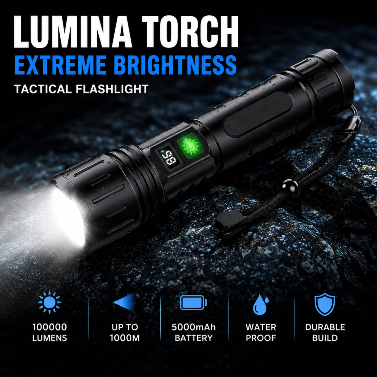 Heavy-Duty LED Flashlight with Power Bank Function, 5-Mode Zoomable Beam, Rechargeable 5000mAh Battery, Waterproof Aluminum Body for Camping