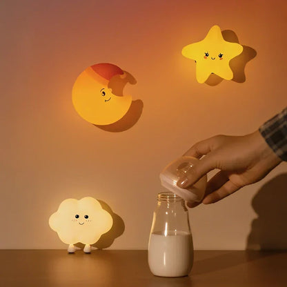 Kids Night Light LED Lamp Star Moon Cloud Rechargeable USB Cordless Bedside Nightlight Nursery Baby Toddler Room Decor 3 Brightness Levels