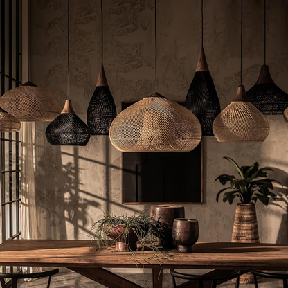Woven Rattan Ceiling Light Fixture E26 Natural Boho Hanging Lamp for Dining Kitchen Island Bedroom Ambient Lighting Handcrafted Organic Text