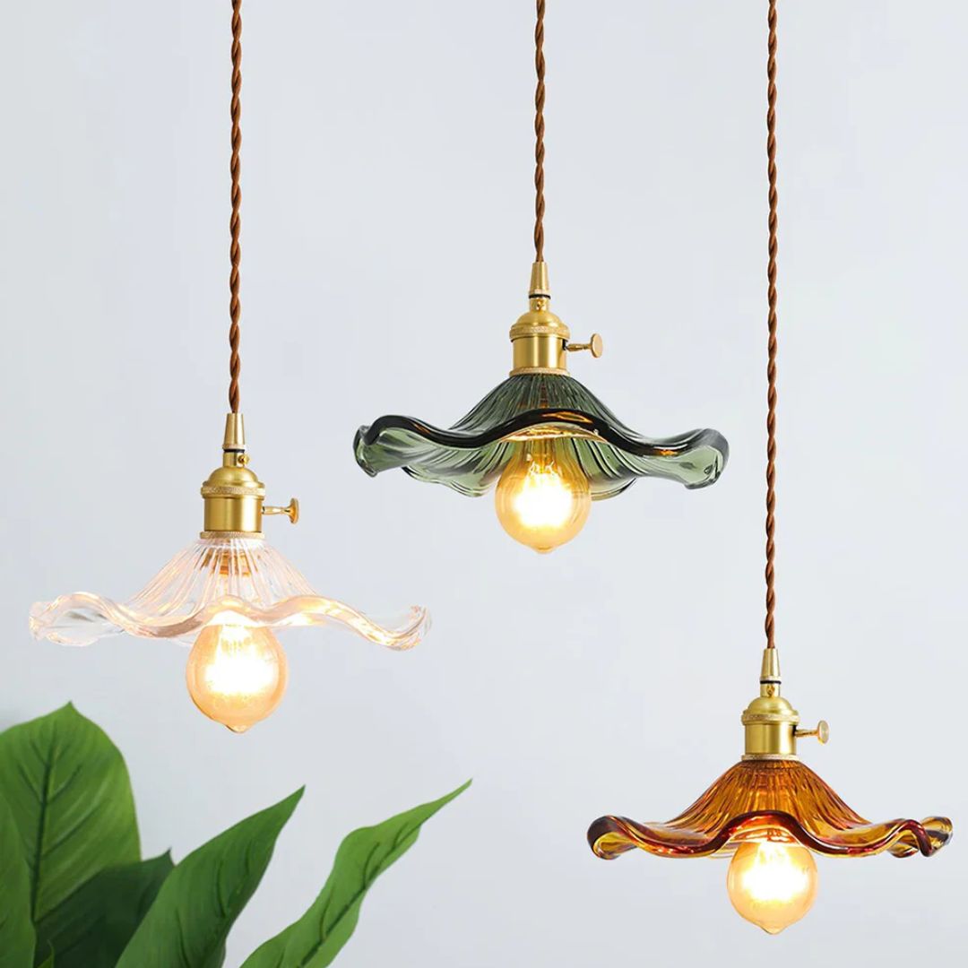 Glass Ceiling Light with Sculptural Ripple Edge – 9 in Hanging Fixture with Metal Hardware for Kitchen, Dining Area, or Bedroom – Adjustable