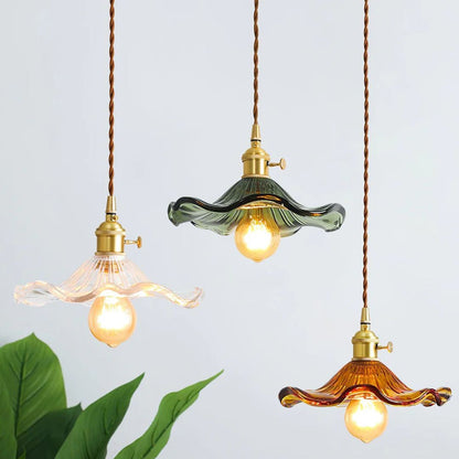 Glass Ceiling Light with Sculptural Ripple Edge – 9 in Hanging Fixture with Metal Hardware for Kitchen, Dining Area, or Bedroom – Adjustable