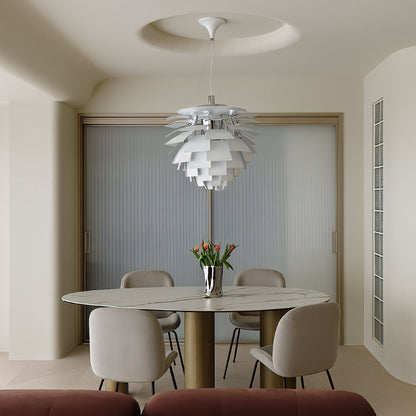 Sculptural Metal Shade Hanging Fixture 20 in Adjustable Height Overhead Lighting for Dining Room Kitchen Island Entryway Warm Glow Installat