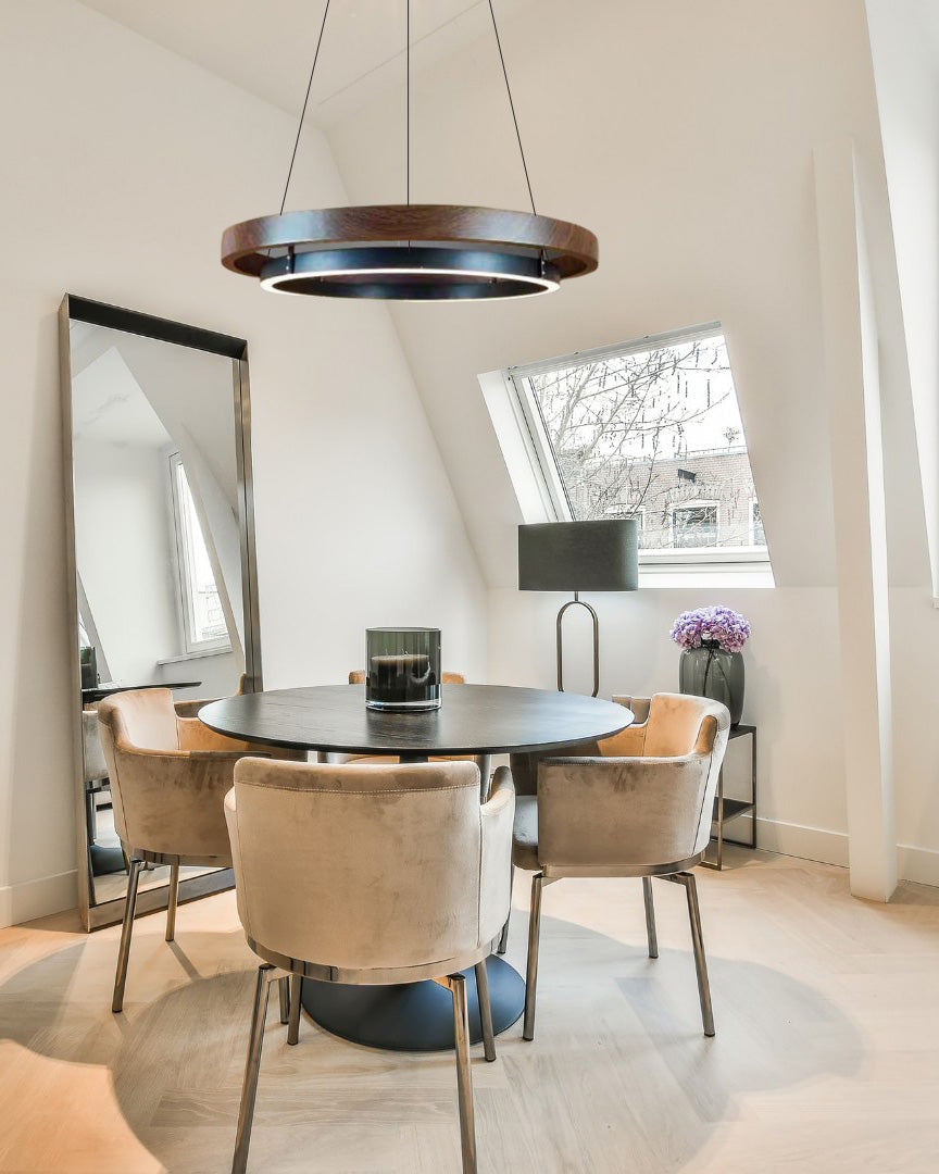Circular Wood Ring Chandelier with LED Lighting 24-47 Inches Adjustable Height Farmhouse Dining Room Kitchen Island Ceiling Fixture