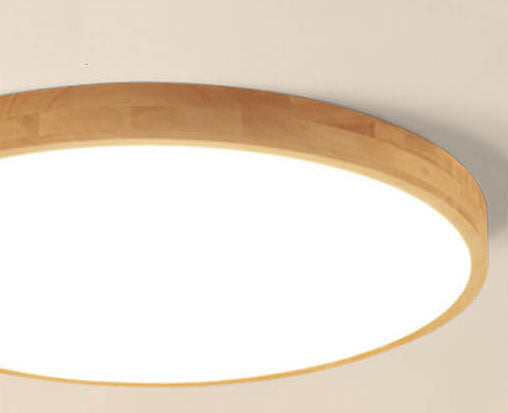 Slim Profile Round Wood Ceiling Light Fixture with Integrated LED – Modern Flush Mount in Natural Beige Finish for Bedroom, Living Room &