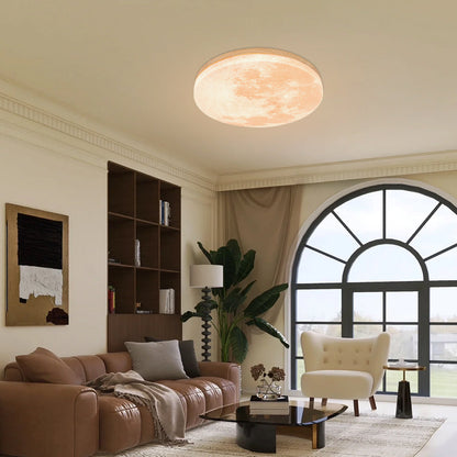 Round Flush Mount LED Fixture Moon Surface Wood & Acrylic 19 in Diameter Low Profile for Bedroom Living Room Hallway Ambient Lighting Japand