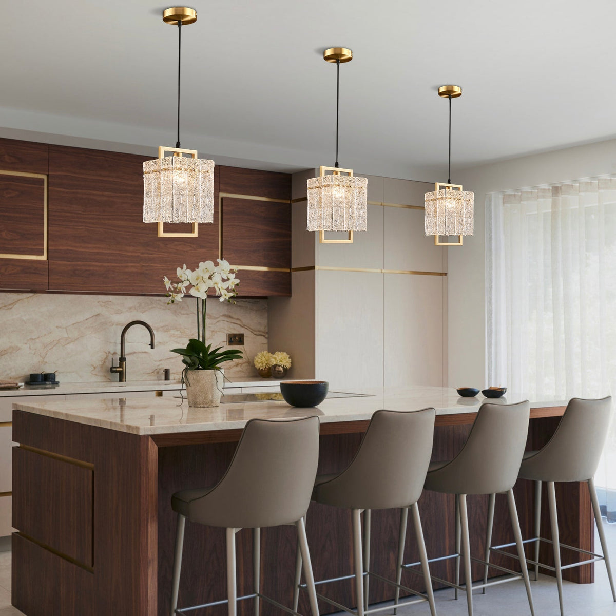 Square Cage Pendant Light Fixture with Textured Glass Shade & Gold Frame for Dining Room, Kitchen Island, Bedroom