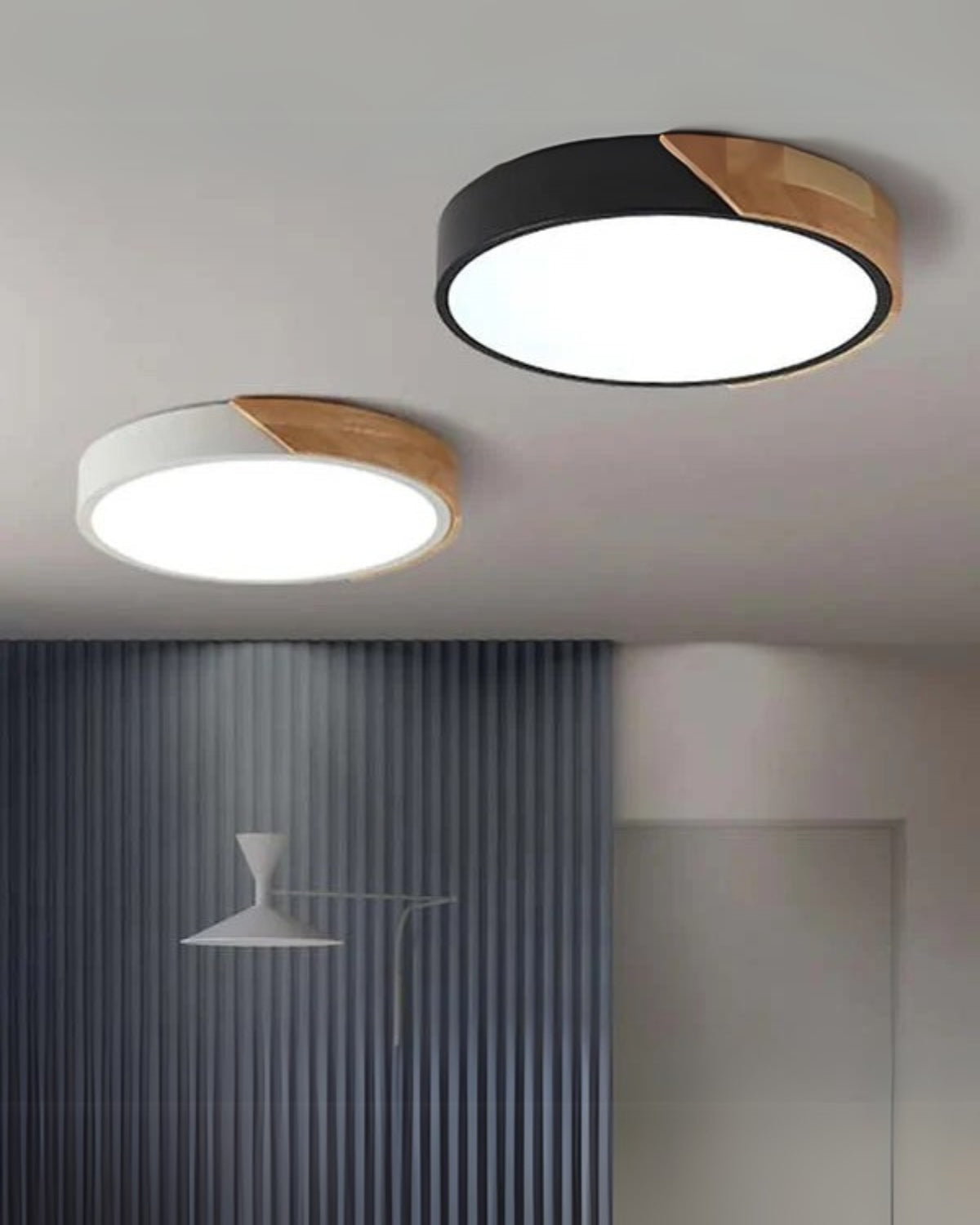 Round Flush Mount Ceiling Light with Wood Accent and Integrated LED – Modern Low Profile Fixture in 9, 12, 16, 20, and 24 inch Sizes for Liv