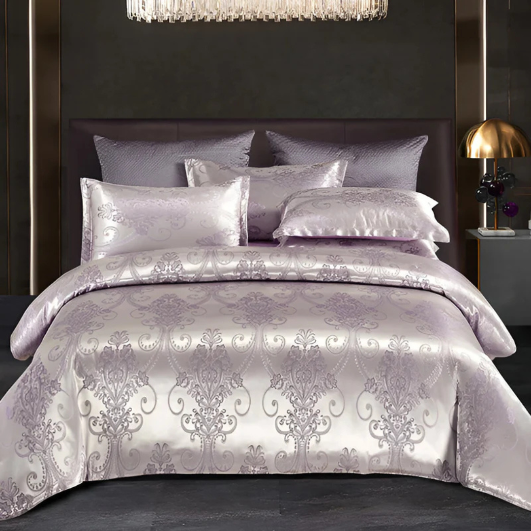 Floral Jacquard Duvet Cover Set Silky Satin Bedding 3-Piece with Pillowcases All Season Breathable Comforter Cover for Bedroom Décor