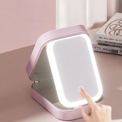 Lighted Makeup Travel Case with LED Mirror & Organizer Compartments for Beauty Products, Cosmetics Storage, On-the-Go Touch-Up Kit