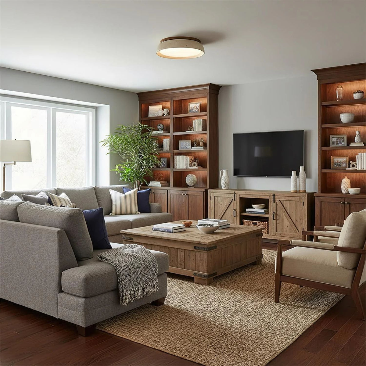 Flush Mount LED Overhead Light with Natural Stone & Wood Accents for Bedrooms, Hallways & Low Ceilings – Warm 3000K Glow, Scandinavian Minim