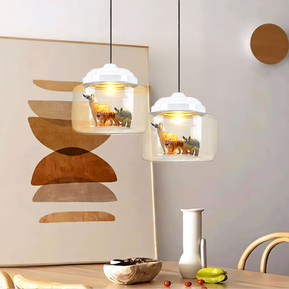 Kids Room Glass Hanging Lamp 8.7 Inches Round Ceiling Light with Fun Animal Characters Nursery Fixture Bedroom Decor for Children Playroom L