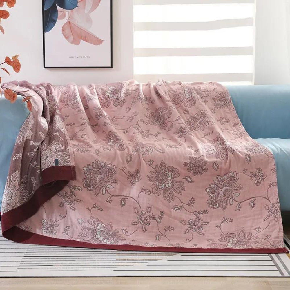 Layered Cotton Gauze Throw Blanket with Botanical Print for Bed or Couch – Lightweight Year-Round Comfort for Bedroom Living Room
