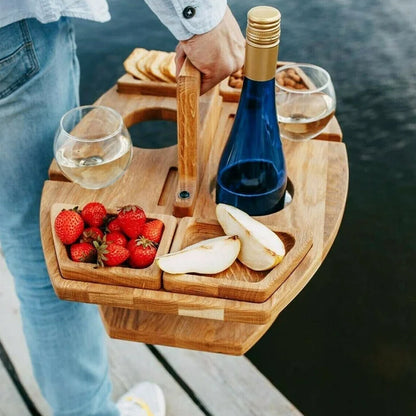 Portable Wine & Snack Tray with Carry Handle for Outdoor Picnics, Beach Days, Park Outings & Patio Gatherings | Solid Wood Serving Caddy