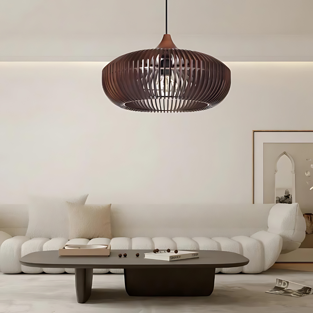 Lámpara de techo redonda de listones de madera natural de 17 pulgadas estilo Japandi, luz colgante ambiental para mesa de comedor, isla de cocina o sala de estar