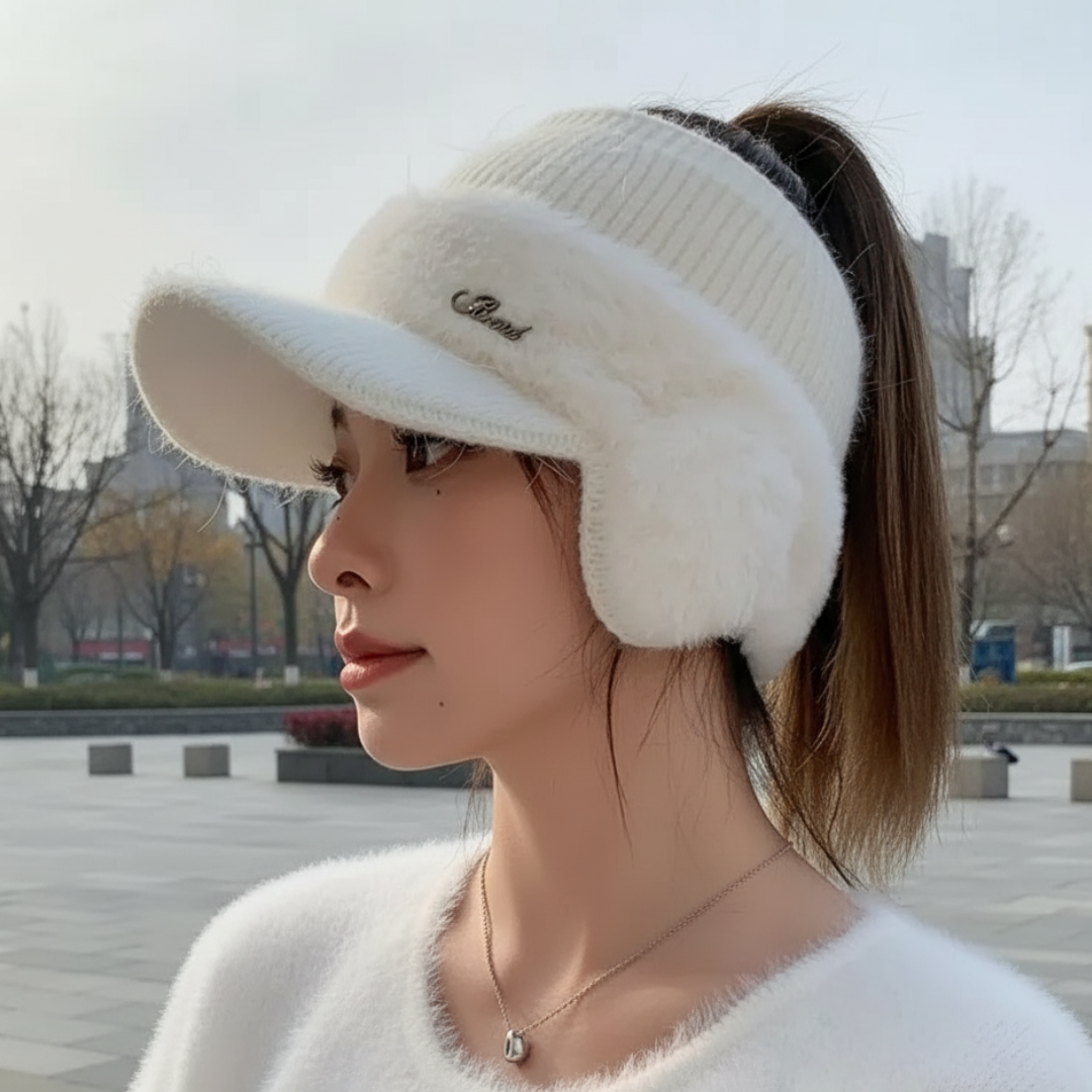 Knit Winter Baseball Cap with Ear Warmers & Ponytail Opening for Women – Insulated Fleece-Lined Sports Beanie Hat
