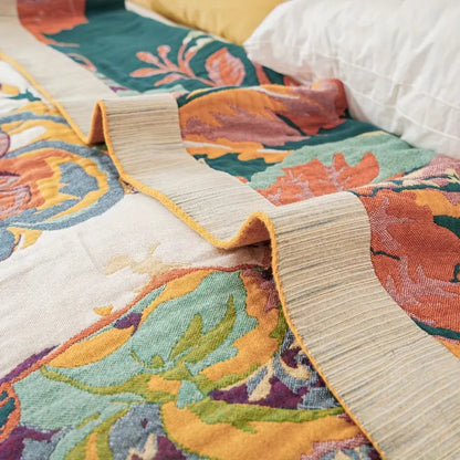 Reversible Cotton Throw Blanket with Jacquard Floral Pattern for Couch, Bed, Year-Round Comfort & Elegant Home Decor