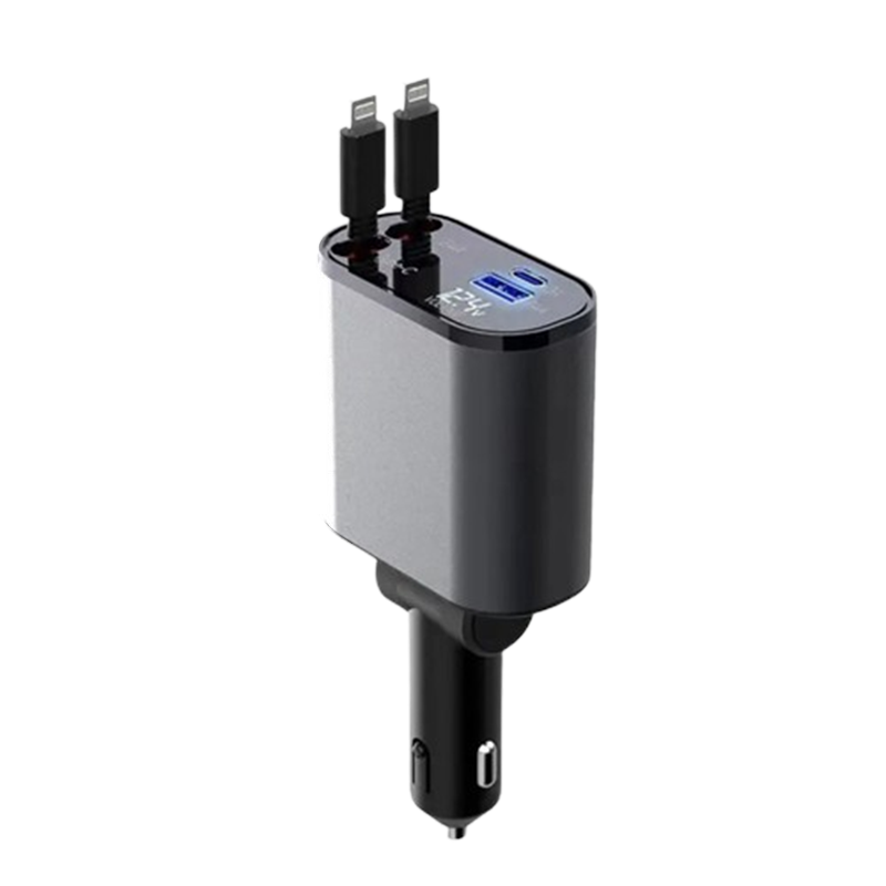 Retractable Car Charger with Dual Ports – Fast Charging Cable for iPhone & Android – 31 in Auto-Rewind USB Adapter