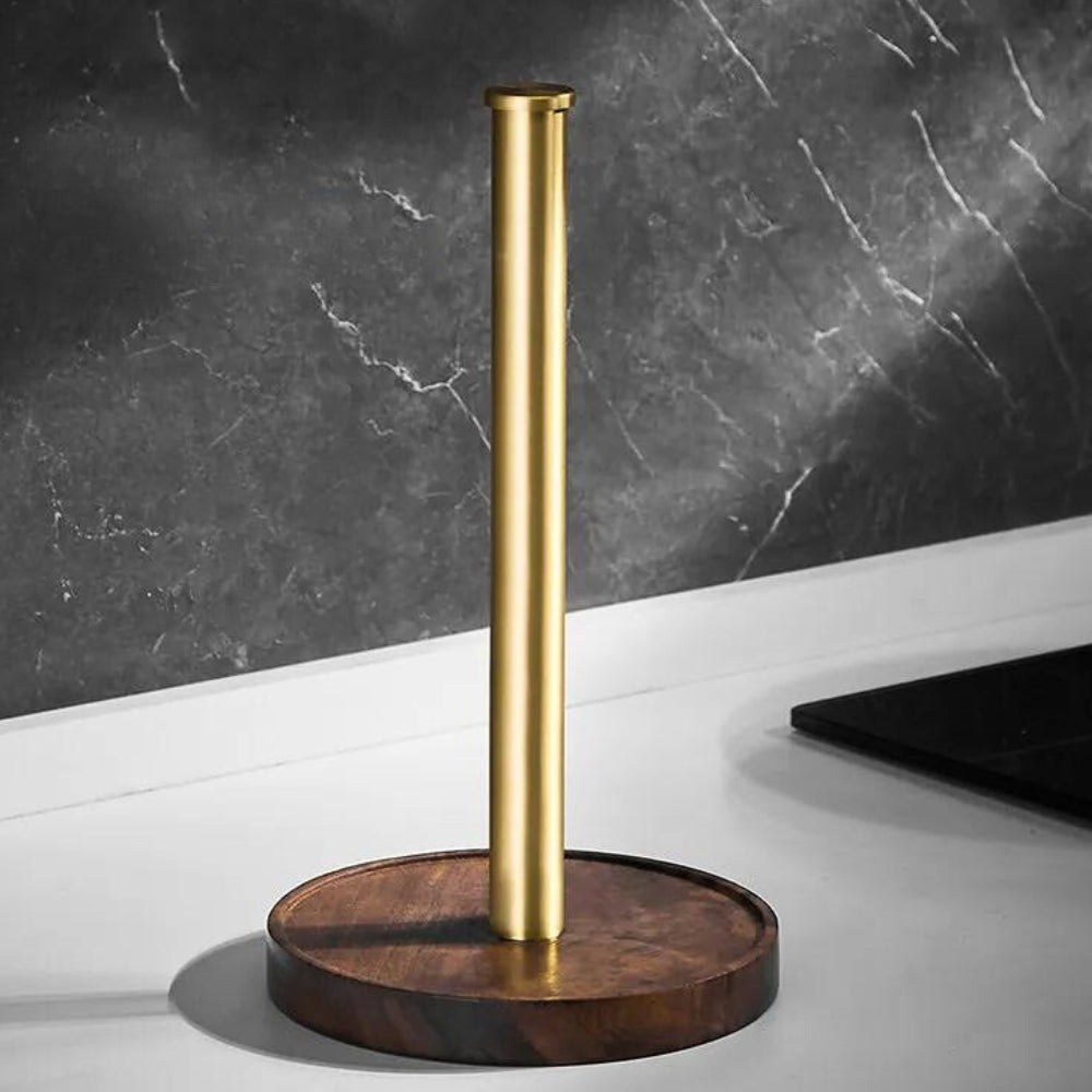 Paper Towel Holder Freestanding Countertop Stand with Walnut Wood Base 12 in Tall Dispenser for Kitchen Island Dining Table Modern Farmhouse