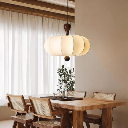 Fabric Drum Pendant Ceiling Light with Wood Accent for Dining Room and Kitchen Island – Soft White Pleated Shade, Modern Minimalist Drop Fix