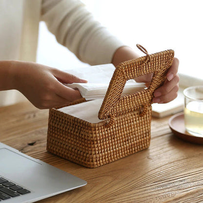 Raven Rattan Tissue Box Cover - Handwoven Natural Elegance