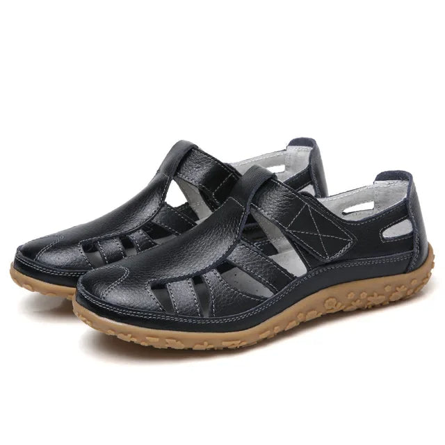 Women's Leather Sandals with Hook-and-Loop Straps & Cushioned Footbed | Summer Walking Shoes with Adjustable Fit