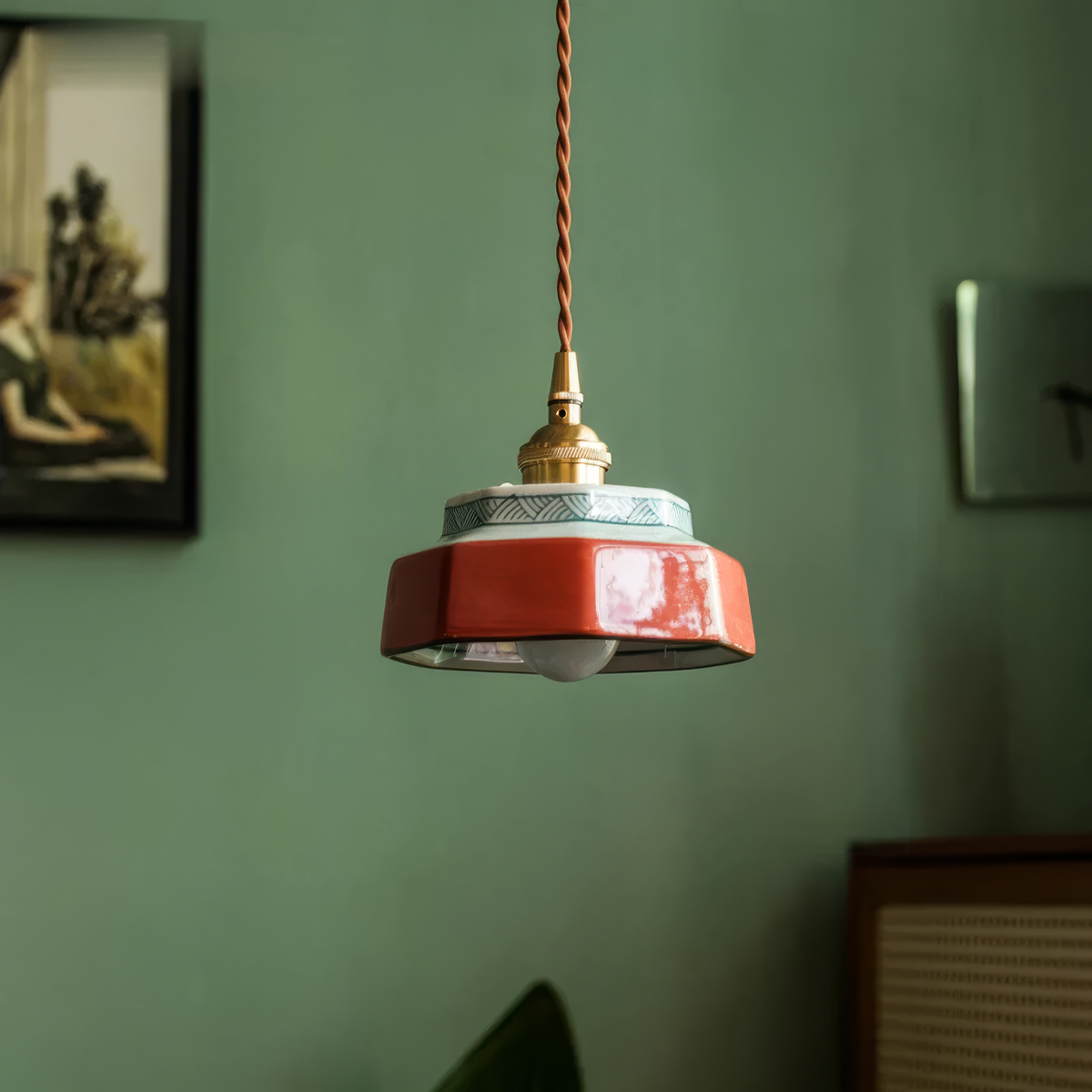 Ceramic Hanging Lamp with Hand-Painted Design & Copper Socket for Kitchen Island, Dining Room, Bedroom & Cafe | Scandinavian Style Fixture