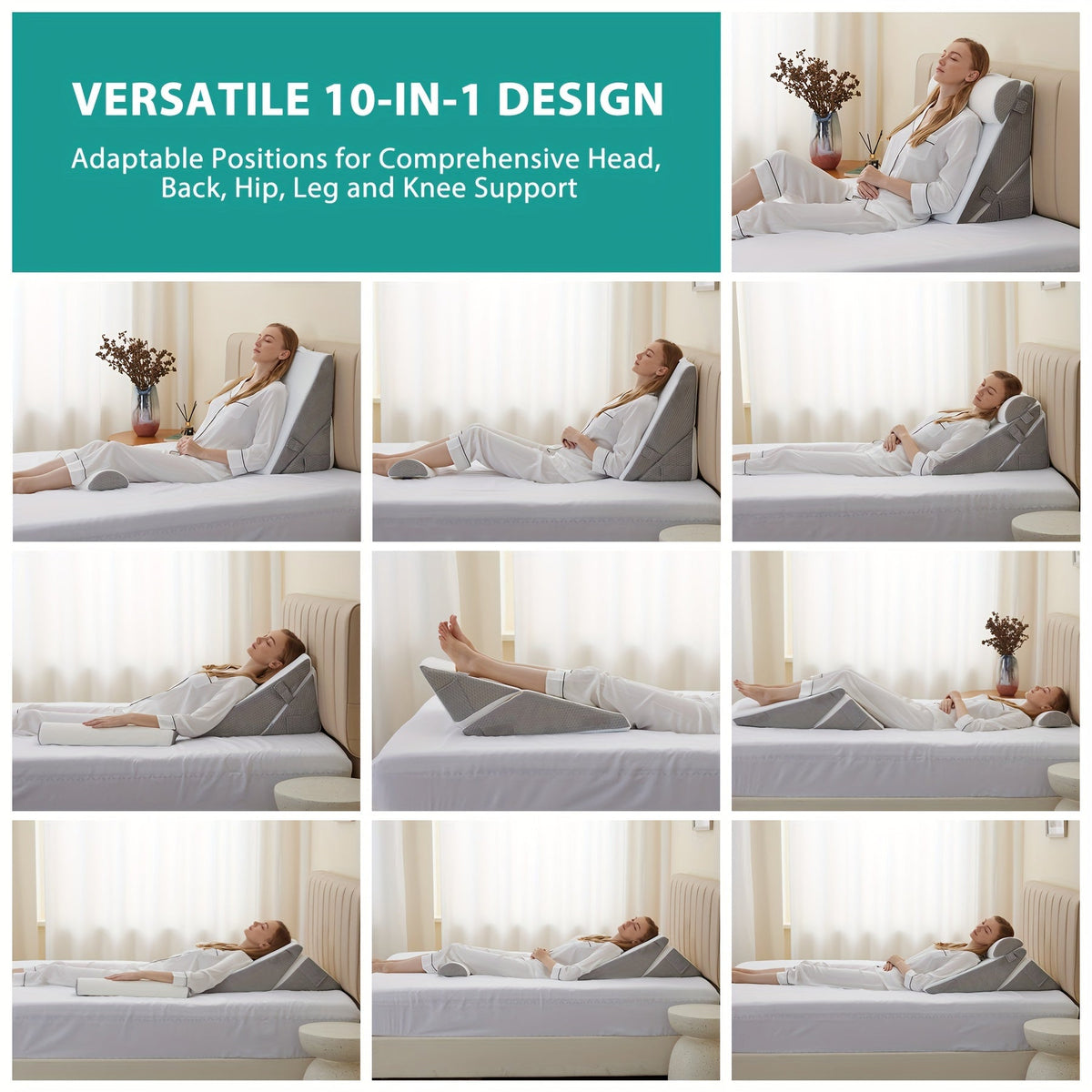 7-in-1 Adjustable Memory Foam Wedge Pillow System for Back Pain, Acid Reflux & Post-Surgery Support