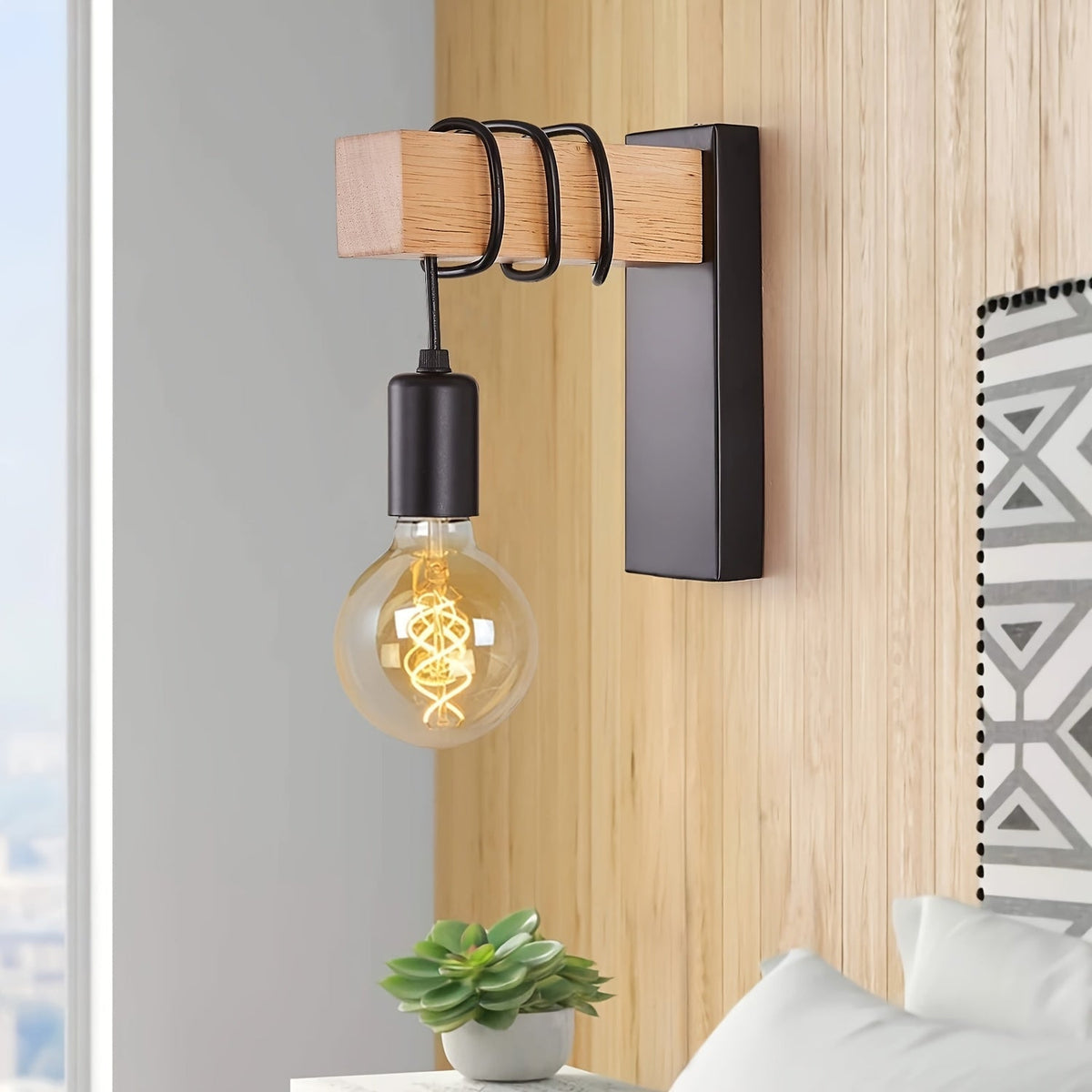 Metal and Wood Wall Light Fixture with E27 Socket – Modern Rustic Sconce for Hallway Bedroom Living Room – Semi-Flush Mount Design