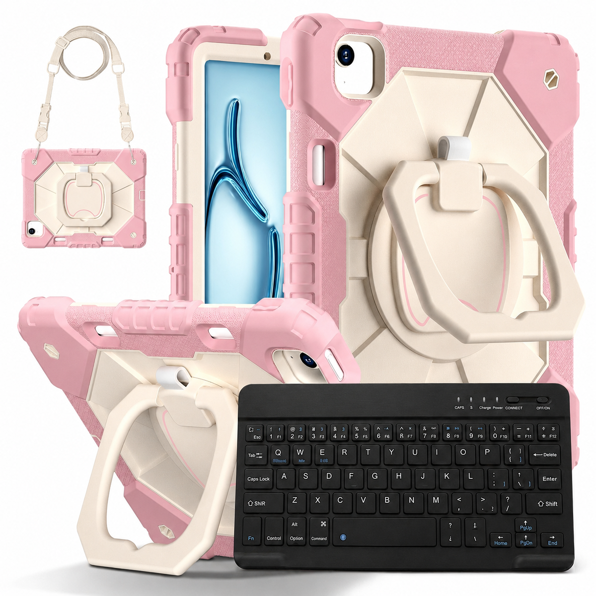 Heavy-Duty iPad Case with Rotating Grip, Kickstand, Shoulder Strap & Wireless Keyboard — Three-Layer Protection for Mac & PC Users