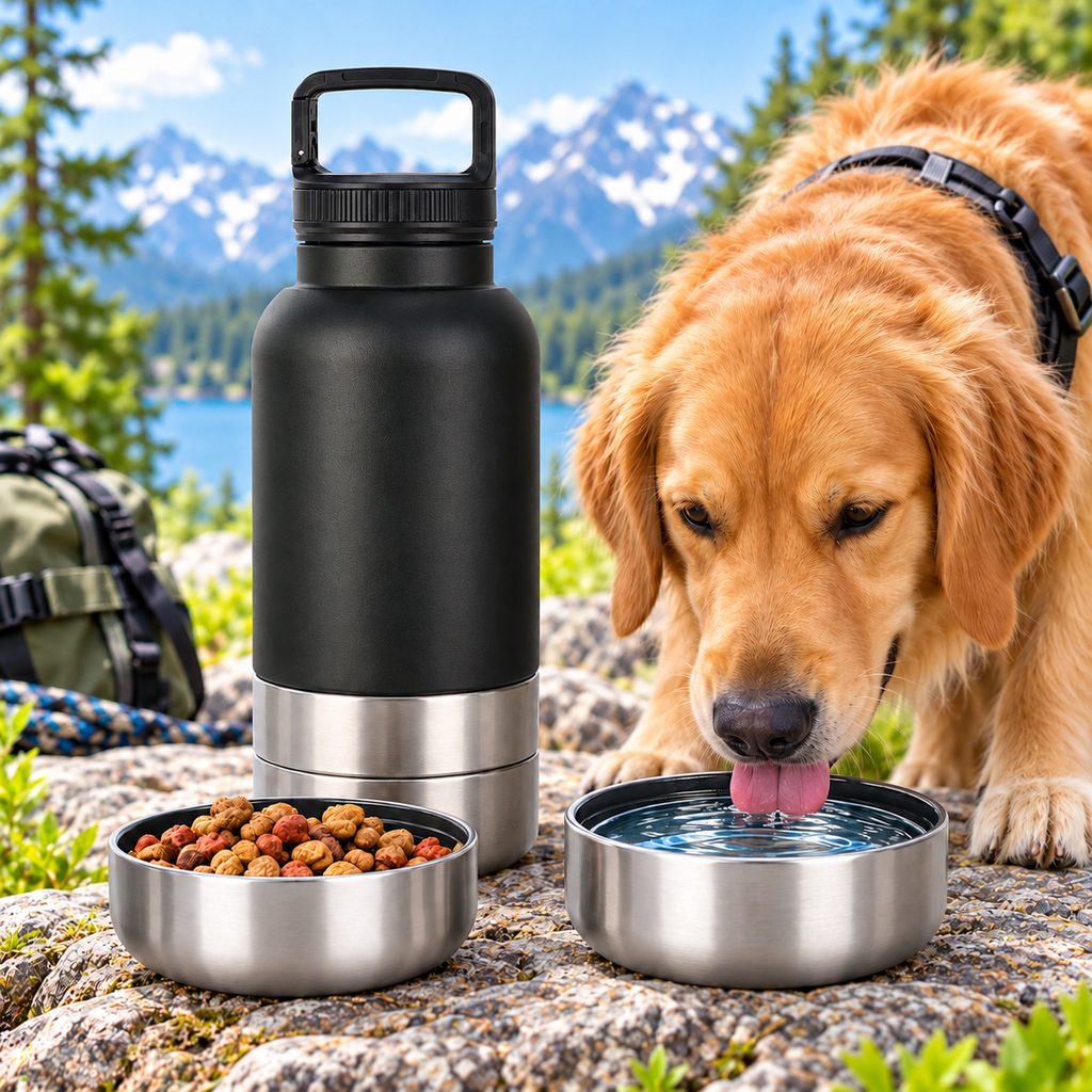 Ortekor 3-in-1 Insulated Pet Travel Water Bottle with Food Storage and 2 Bowls - Easy Feeding for Walks, Hiking and Road Trips