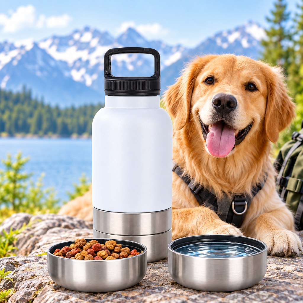 Ortekor 3-in-1 Insulated Pet Travel Water Bottle with Food Storage and 2 Bowls - Easy Feeding for Walks, Hiking and Road Trips