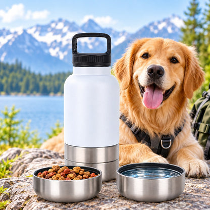 Ortekor 3-in-1 Insulated Pet Travel Water Bottle with Food Storage and 2 Bowls - Easy Feeding for Walks, Hiking and Road Trips