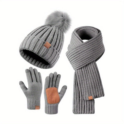 Cold Weather Accessory Bundle Hat Scarf Gloves Plush Knit Touchscreen Fingertips Winter Warmth Outdoor Commute Skiing Hiking Daily Wear Men