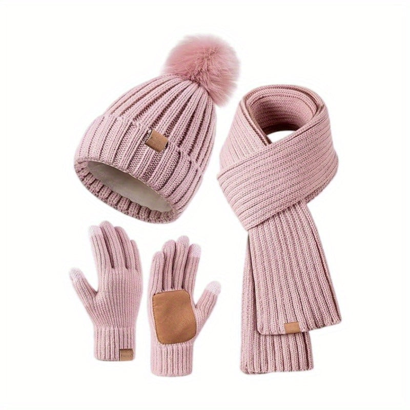 Cold Weather Accessory Bundle Hat Scarf Gloves Plush Knit Touchscreen Fingertips Winter Warmth Outdoor Commute Skiing Hiking Daily Wear Men