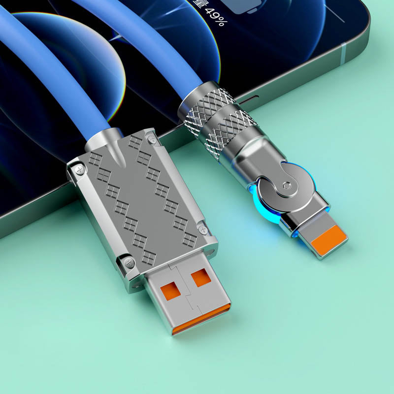 Rotating Fast-Charge Data Cable 120W USB Type-C iPhone Lightning Connector Braided Nylon Cord Gaming Power Transfer Lead 180-Degree Swivel F