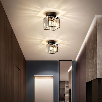 Flush Mount Crystal Light Fixture E27 Socket Black Gold for Bedroom Living Room Hallway Indoor Home Décor Compact Reflective Shade Elegant A