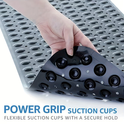 Anti-Slip Shower Floor Mat 40 × 16 Inches Gray PVC Tub Liner with Drainage Holes and Suction Grips for Wet Surfaces