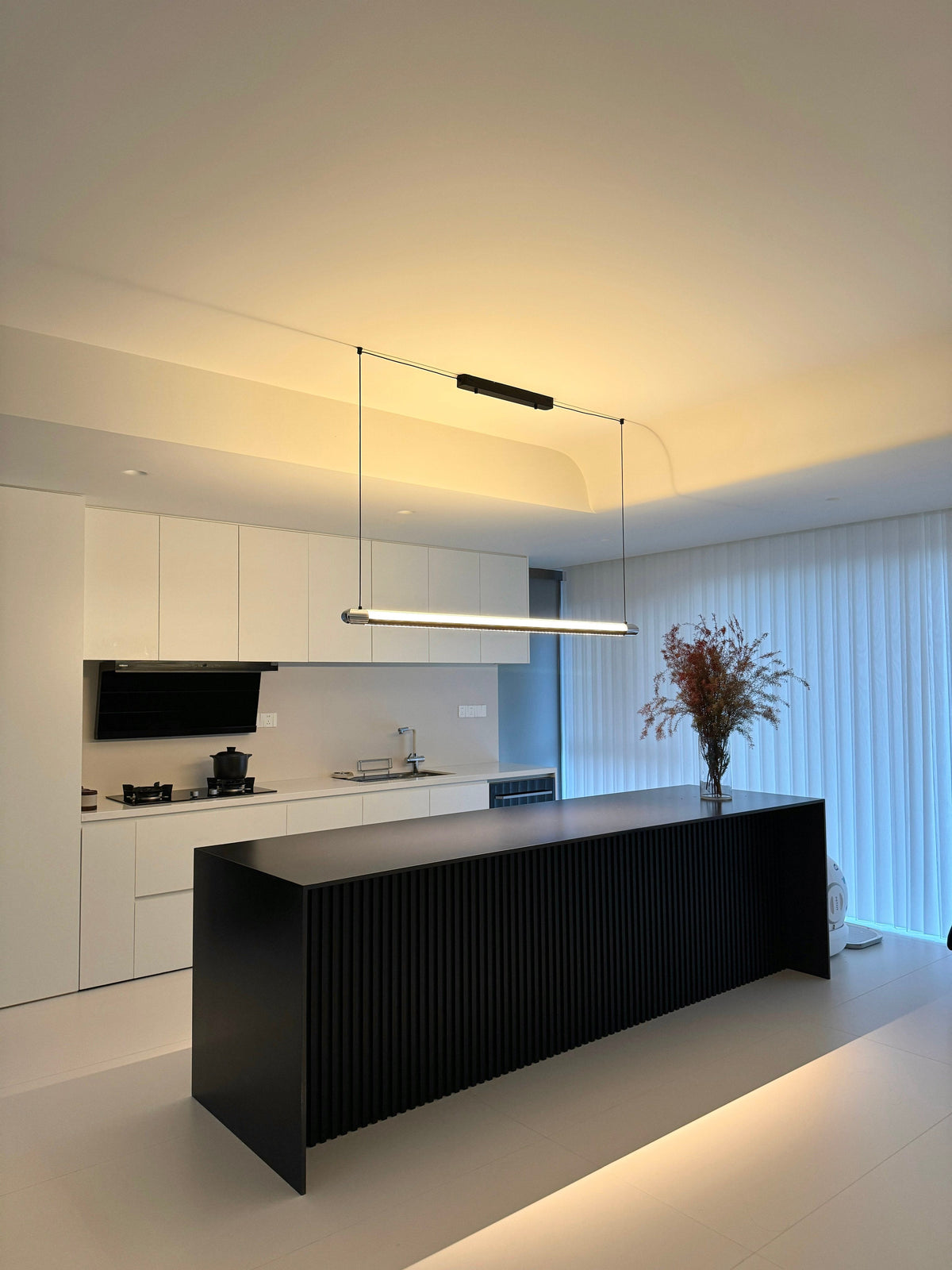 Linear LED Chandelier 35 Inch Dimmable Remote Control Black Metal Island Light for Kitchen Dining Room Adjustable Cord Modern Hanging Fixtur