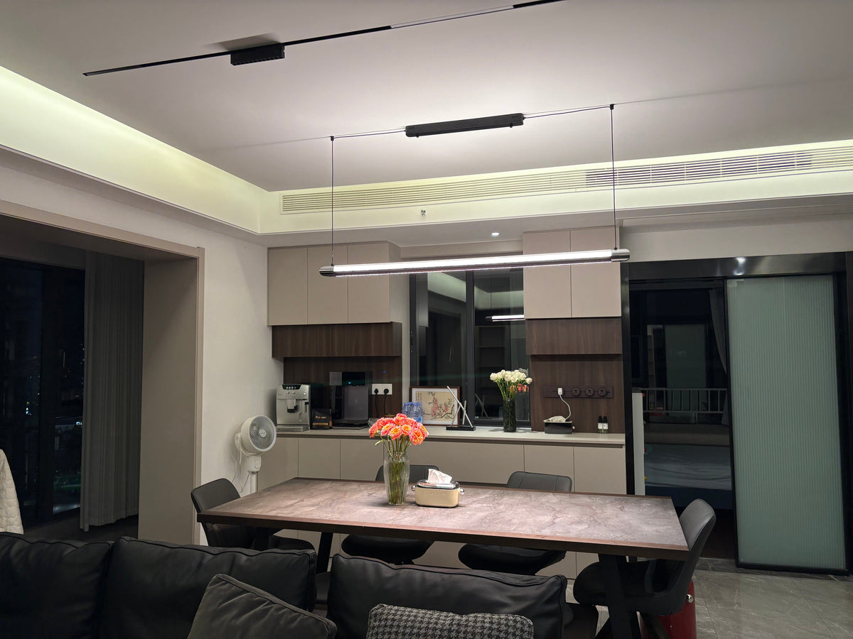 Linear LED Chandelier 35 Inch Dimmable Remote Control Black Metal Island Light for Kitchen Dining Room Adjustable Cord Modern Hanging Fixtur