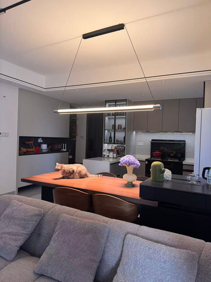 Linear LED Chandelier 35 Inch Dimmable Remote Control Black Metal Island Light for Kitchen Dining Room Adjustable Cord Modern Hanging Fixtur