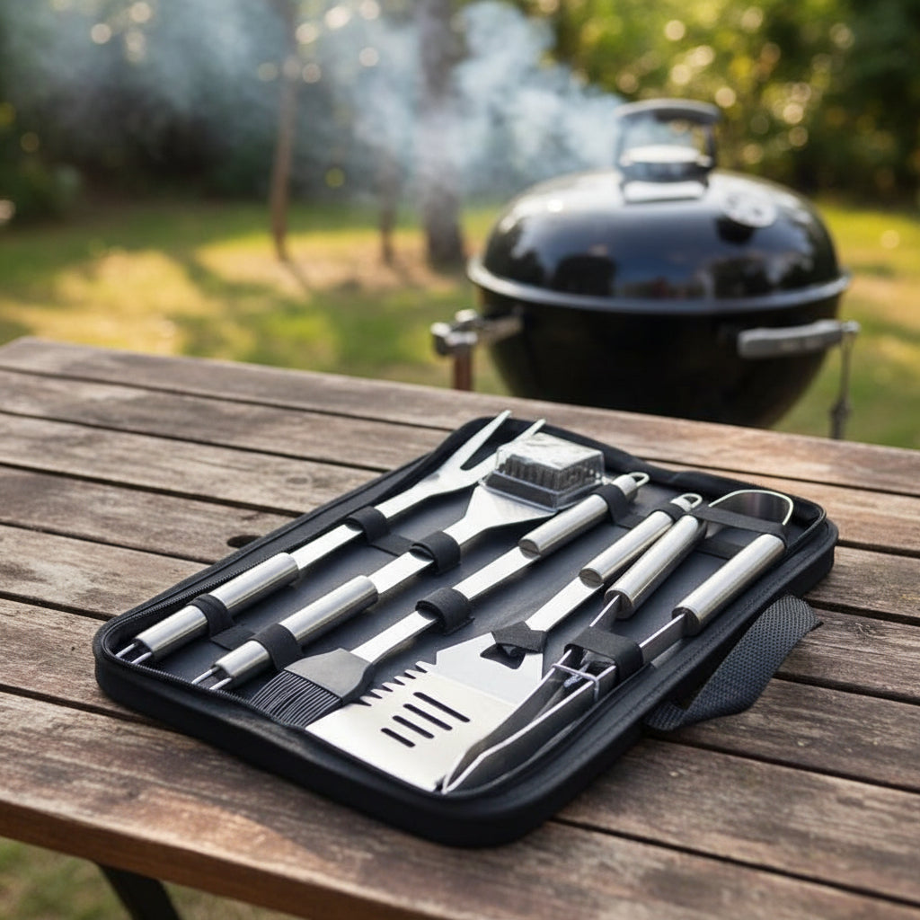 GRILLMASTER – Juego de herramientas para barbacoa de acero inoxidable con estuche de transporte